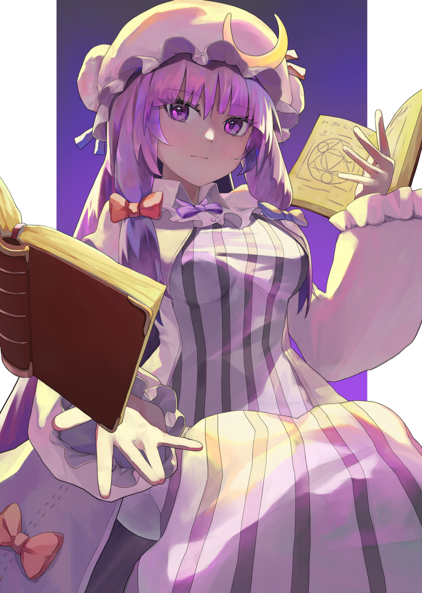 1girl, absurdres, bebebel_a, blue_bow, blunt_bangs, book, bow, breasts