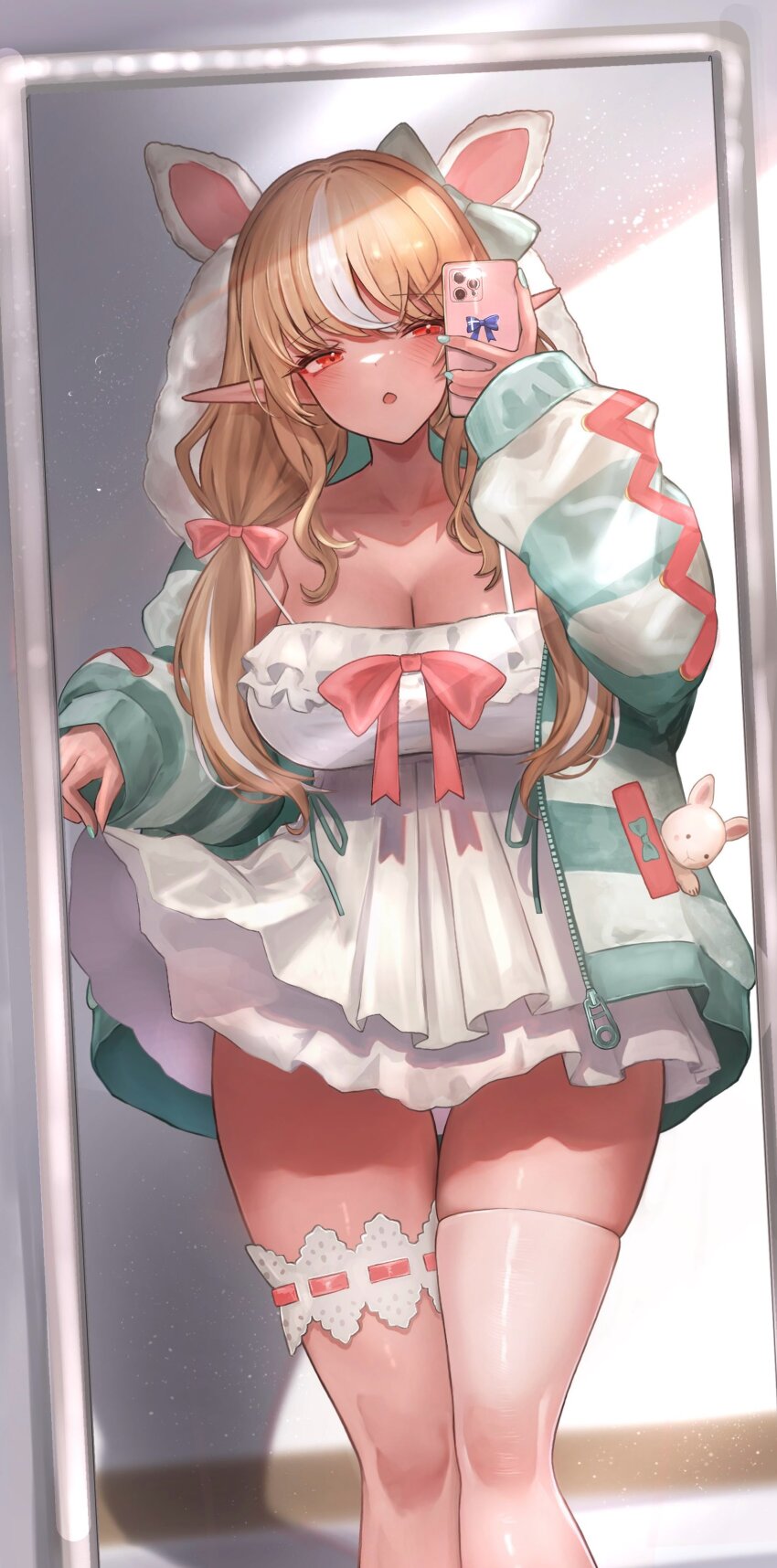 1girl, absurdres, babydoll, blonde_hair, blush, breasts, cleavage, dark-skinned_female