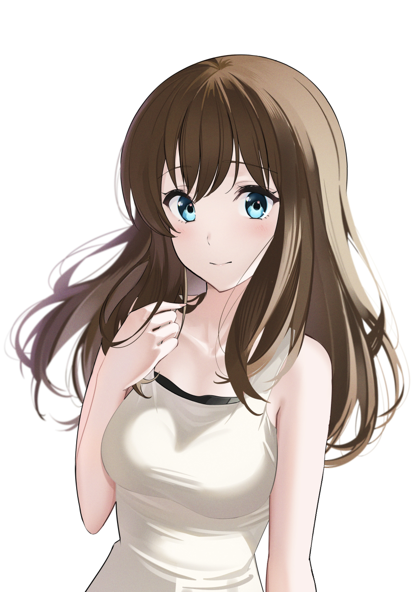 1girl, absurdres, akane_(tgixb), blue_eyes, breasts, brown_hair, dress, hand_in_own_hair