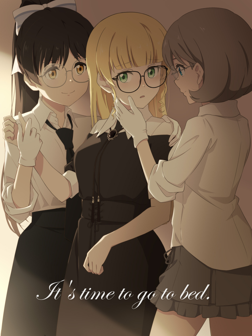 3girls, black_hair, blonde_hair, blue_eyes, brooch, glasses, good_night_ojosama_(asmrz), green_eyes, grey_hair, hair_ribbon, hand_on_another's_cheek, hand_on_another's_face, hand_on_another's_shoulder, hazuki_ren, heanna_sumire, highres, holding_hands, jewelry, laofuzi_dai_bansho, long_hair, looking_at_another, loose_necktie, love_live!, love_live!_superstar!!, multiple_girls, necktie, ponytail, ribbon, sandwiched, shirt, short_hair, skirt, smile, tang_keke, white_shirt, yellow_eyes, yuri