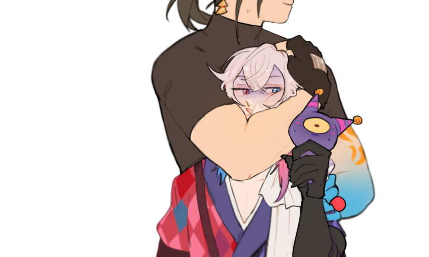 2boys, argyle_clothes, argyle_coat, beard_stubble, bishounen, black_gloves, black_hair, black_shirt