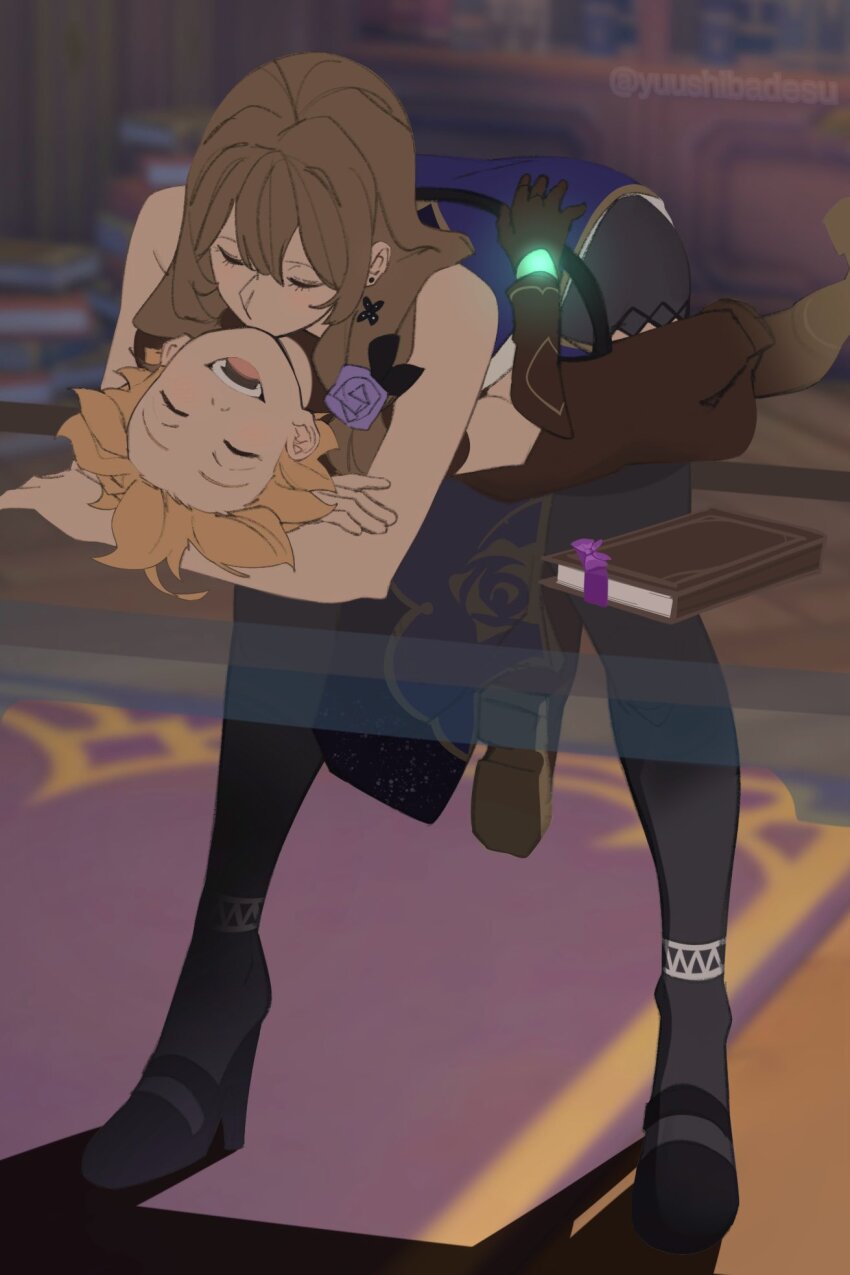 1boy, 1girl, aether_(genshin_impact), blonde_hair, book, brown_hair, chin_kiss, commentary, earrings, english_commentary, genshin_impact, high_heels, highres, hug, indoors, jewelry, kiss, lisa_(genshin_impact), long_hair, open_mouth, short_hair, sidelocks, smile, table, thighhighs, twitter_username, yuushiba