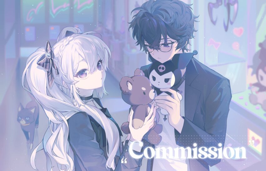 1boy, 1girl, arcade, black_bow, black_choker, black_hair, black_jacket, bow