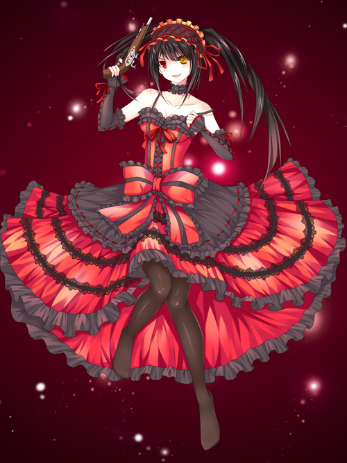 1girl, antique_firearm, black_hair, black_pantyhose, breasts, cleavage, clock_eyes, collarbone