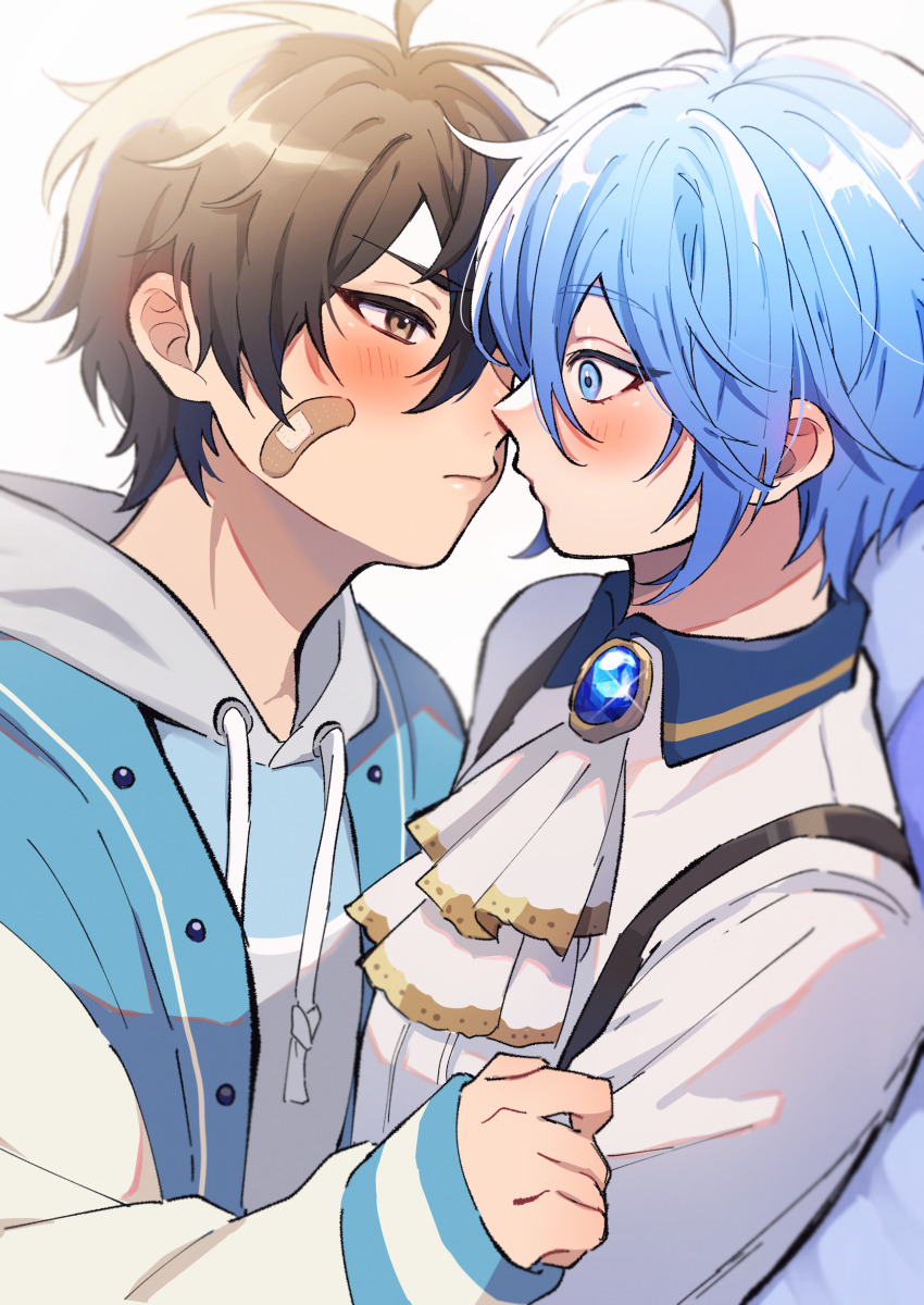 2boys, absurdres, aged_down, ahoge, ascot, bandaid, bandaid_on_face, black_gloves, blue_eyes, blue_gem, blue_hair, blush, brown_eyes, brown_hair, child, cuddling, ear_blush, edmond_(nu_carnival), eiden_(nu_carnival), eiden_(young)_(nu_carnival), eyelashes, from_side, gem, gloves, hair_between_eyes, headpat, highres, hood, hoodie, hug, imminent_kiss, jacket, letterman_jacket, male_focus, multiple_boys, nu_417, nu_carnival, profile, shadow, short_hair, simple_background, smile, surprised, upper_body, white_ascot, white_background, white_hoodie, wide-eyed, yaoi