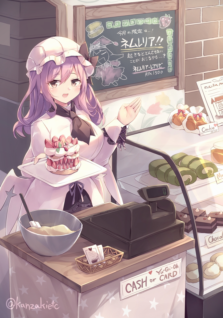 1girl, angel, bakery, bowl, brown_eyes, cake, cash_register, cashier