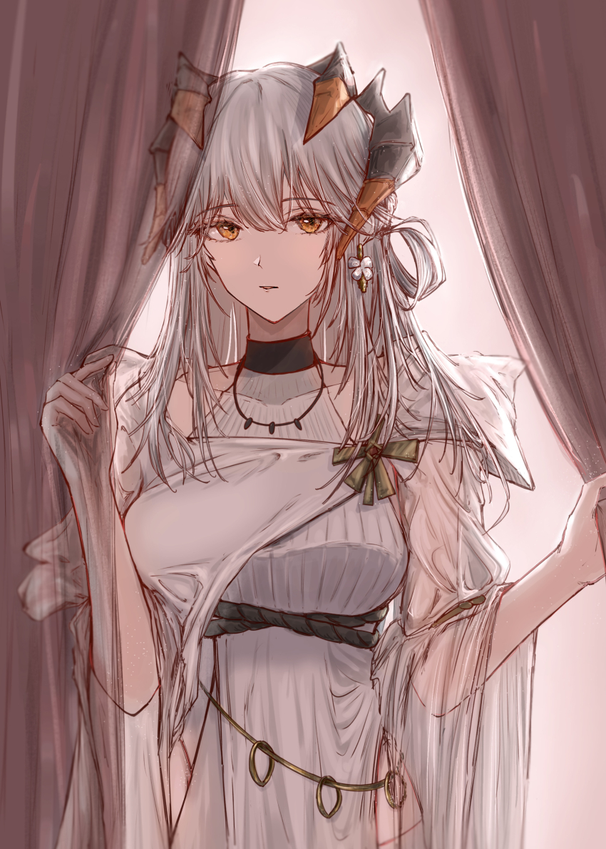 1girl, absurdres, alternate_costume, arknights, black_horns, cape, cheddar_n, commentary_request