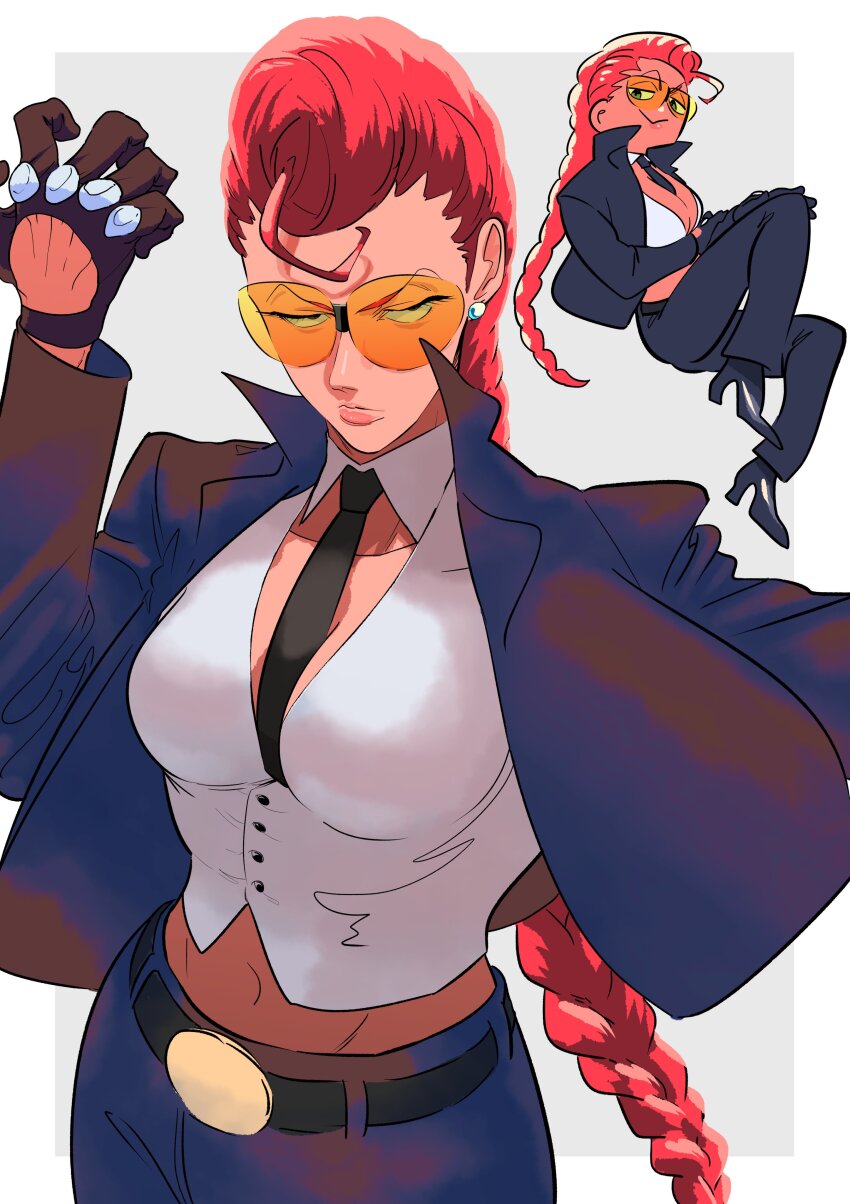 1girl, absurdres, belt, belt_buckle, between_breasts, braid, braided_ponytail, breasts