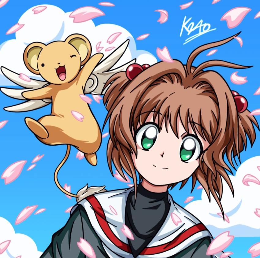 0bd67g5r3250-2m, blinking, blue_sky, cardcaptor_sakura, cherry_blossoms, cloud, flying, green_eyes