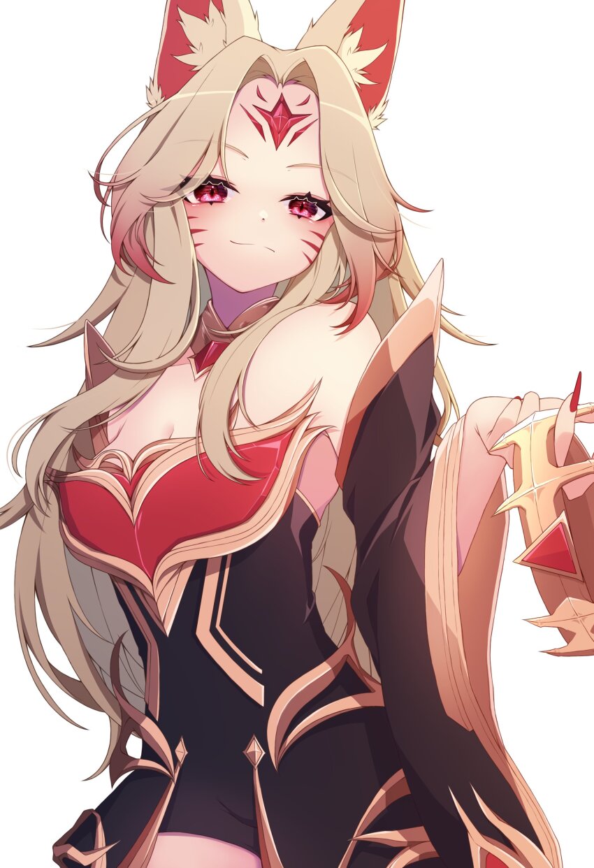 1girl, absurdres, ahri_(league_of_legends), blonde_hair, breasts, cleavage, closed_mouth, cowboy_shot