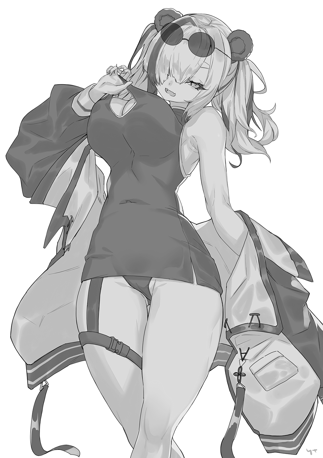 1girl, animal_ears, arknights, breasts, cleavage, dress, eyewear_on_head, feater_(arknights)