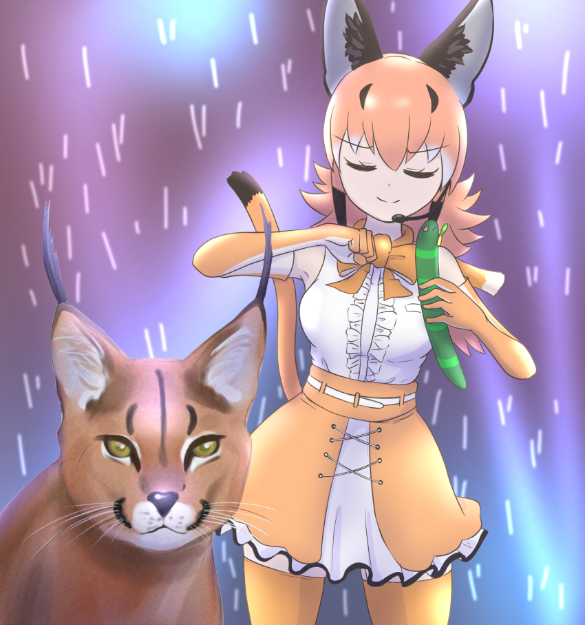 1girl, animal, animal_ears, belt, bow, bowtie, caracal, caracal_(kemono_friends), cat_ears, cat_girl, cat_tail, closed_eyes, elbow_gloves, extra_ears, gloves, highres, kemono_friends, kemono_friends_v_project, long_hair, microphone, nokemono-san_(bocchi_friend), orange_hair, parody, shikanoko_nokonoko_koshitantan, shirt, simple_background, skirt, sleeveless, sleeveless_shirt, tail, thighhighs, virtual_youtuber