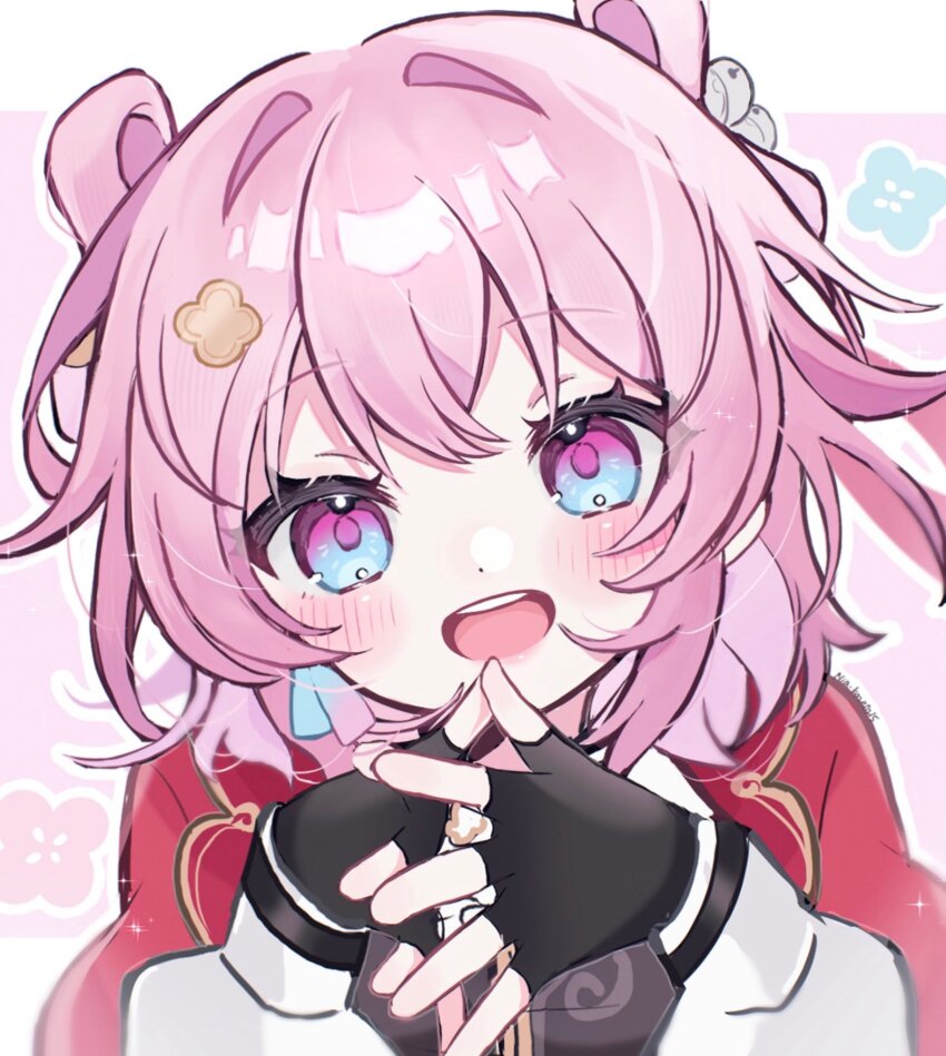 1girl, amimia_zaxtuta, bell, black_gloves, blue_eyes, blush, chinese_clothes, commentary_request