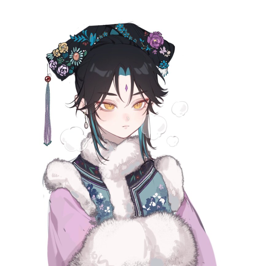 aegyo_sal, alternate_costume, alternate_hairstyle, androgynous, aqua_hair, black_hair, chinese_clothes, crossdressing, crossdressing_(mtf), doupu41, earrings, floating_earrings, floral_print_shirt, flower, fur_trim, genshin_impact, hair_flower, hair_ornament, hair_up, half-closed_eyes, hat_tassel, highres, jewelry, liangbatou, looking_ahead, male_focus, manchu_clothes, multicolored_hair, parted_bangs, pink_sleeves, pointy_ears, portrait, simple_background, slit_pupils, solo, two-tone_hair, white_background, xiao_(genshin_impact)