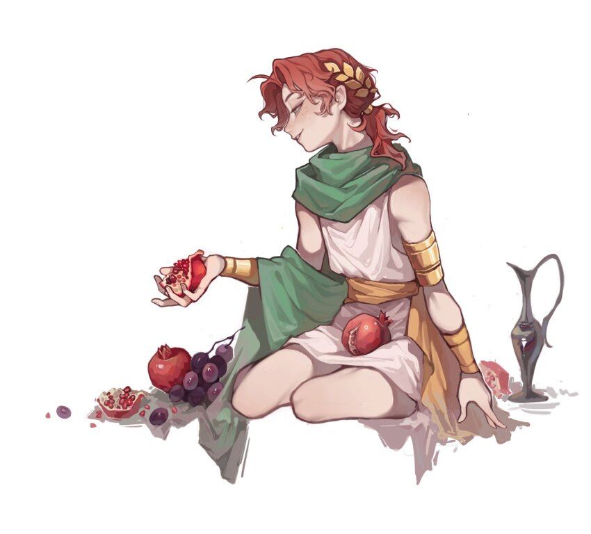 1boy, 1girl, alternate_costume, ancient_greek_clothes, androgynous, arm_at_side, armlet, bangle, bare_legs, berry_(pokemon), bracelet, cape, curtained_hair, da_li_si_rizhi, doupu41, facing_to_the_side, food, freckles, fruit, gold_armlet, golden_armlet, grapes, greco-roman_clothes, green_scarf, hand_up, highres, holding, holding_food, holding_fruit, jewelry, laurel_crown, light_blush, light_smile, looking_down, male_focus, medium_hair, nose, parted_bangs, parted_lips, pomeg_berry, pomegranate, ponytail, sash, scarf, short_ponytail, simple_background, sitting, sleeveless, solo, thighhighs, vase, waist_cape, white_background, white_thighhighs, yellow_cape, yellow_sash, yokozuwari, zhihua_yi