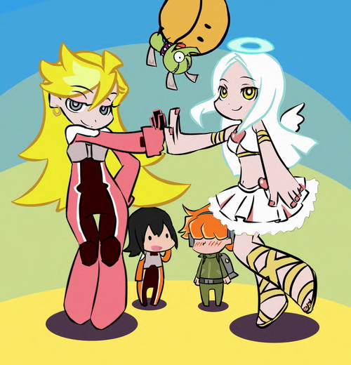 2girls, allelujah_haptism, black_hair, blonde_hair, blue_eyes, blush, brief_(psg), chuck_(psg)