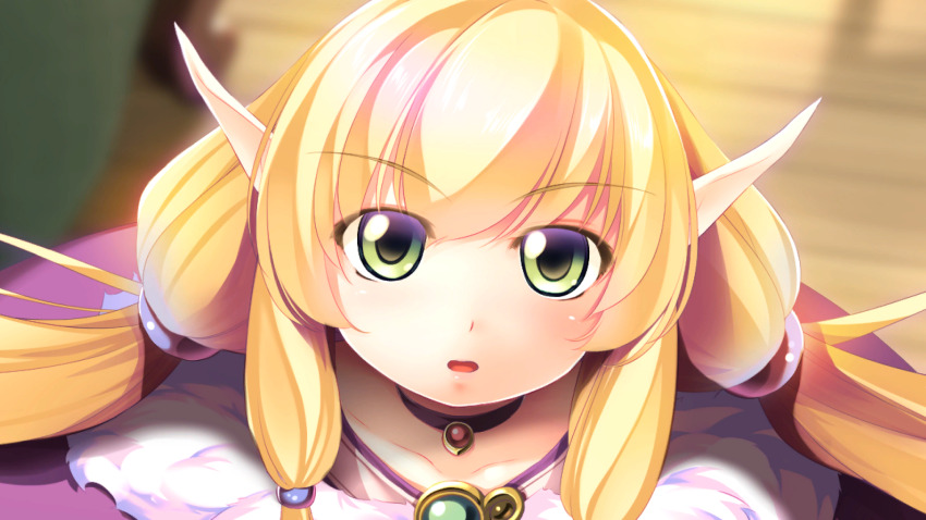 1girl, atelier-moo, blonde_hair, cloak, close-up, closed_mouth, collar, elf