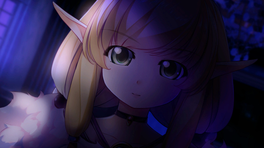 1girl, atelier-moo, close-up, closed_mouth, collar, elf, gem, green_eyes, highres, indoors, lips, loli, long_hair, long_pointy_ears, night, our_battle_has_just_begun!, pointy_ears, portrait, shadow, solo, synsya, twintails, upper_body, very_long_hair