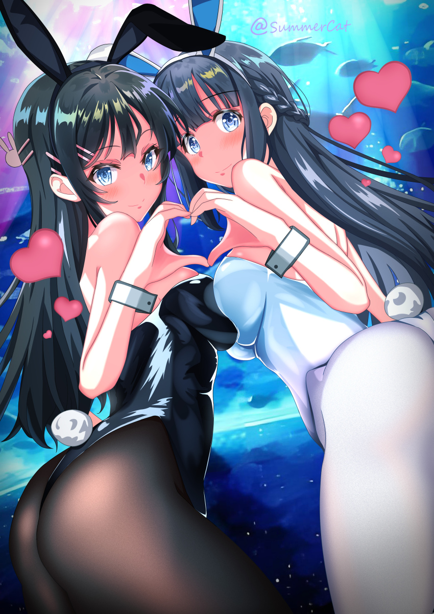 1girl, absurdres, animal_ears, aquarium, black_hair, black_leotard, black_pantyhose, blue_eyes