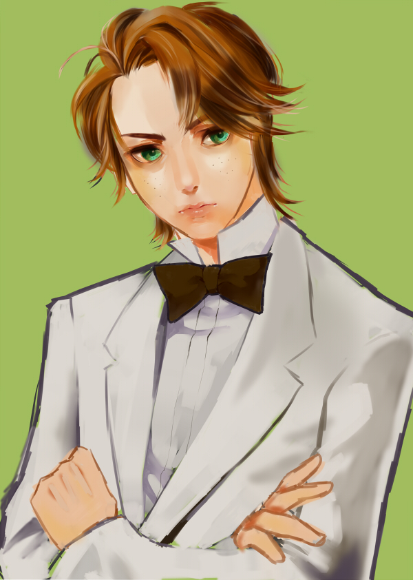 10s, 1boy, alternate_hairstyle, annoyed, brief_(psg), crossed_arms, freckles, male_focus, mida_(hakurara), panty_&amp;_stocking_with_garterbelt, realistic, simple_background, solo