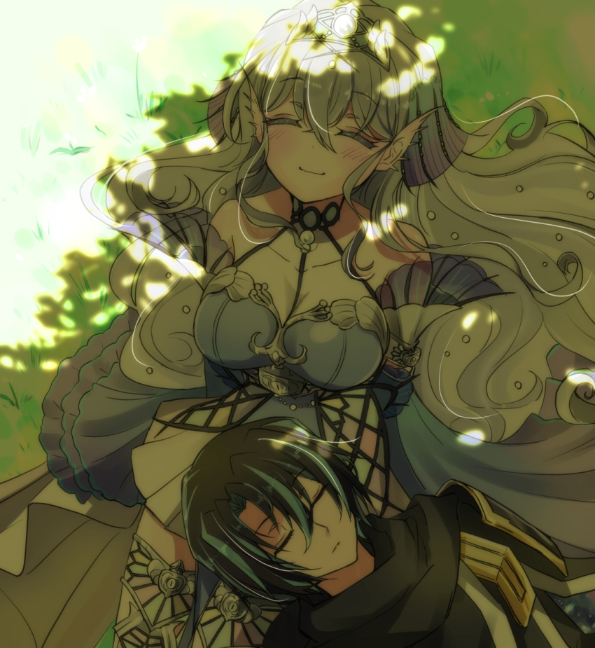 1boy, 1girl, bare_shoulders, black_hair, blue_dress, blue_hair, blush, breasts