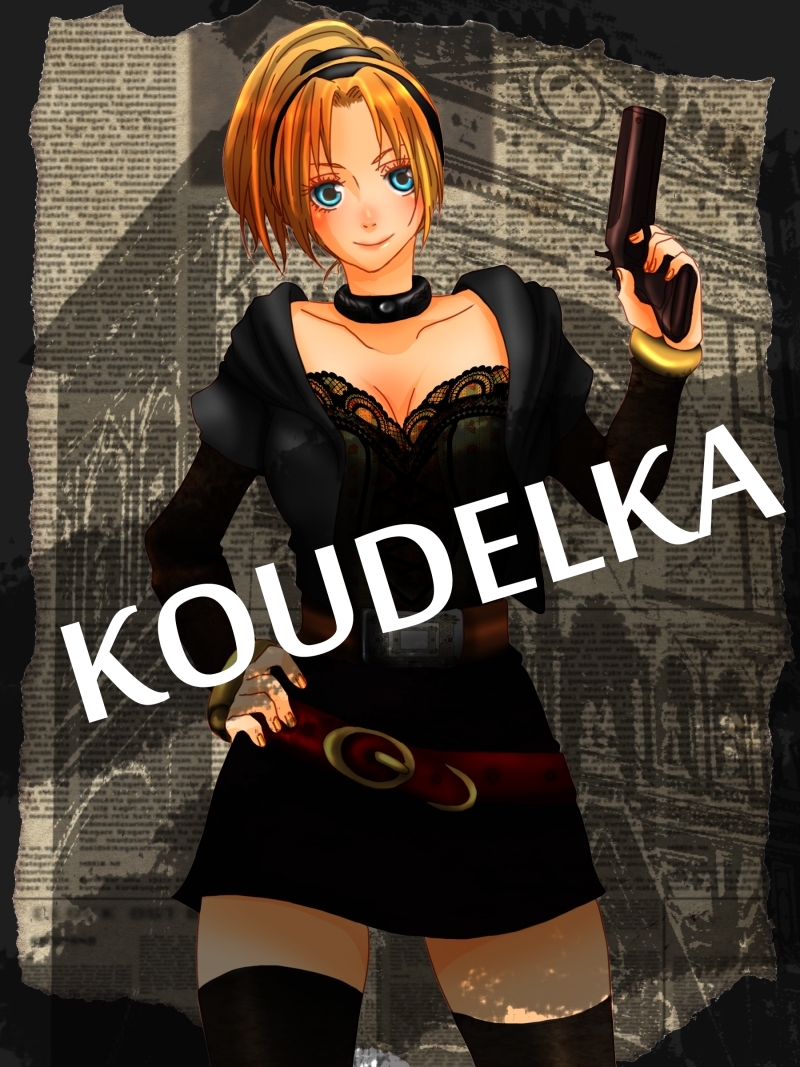 1girl, belt, black_bra, black_thighhighs, blonde_hair, blue_eyes, bra, choker, female_focus, gun, koudelka, koudelka_(character), lingerie, long_hair, marshmallow_(pixiv2321015), ponytail, shadow_hearts, solo, thighhighs, underwear, weapon