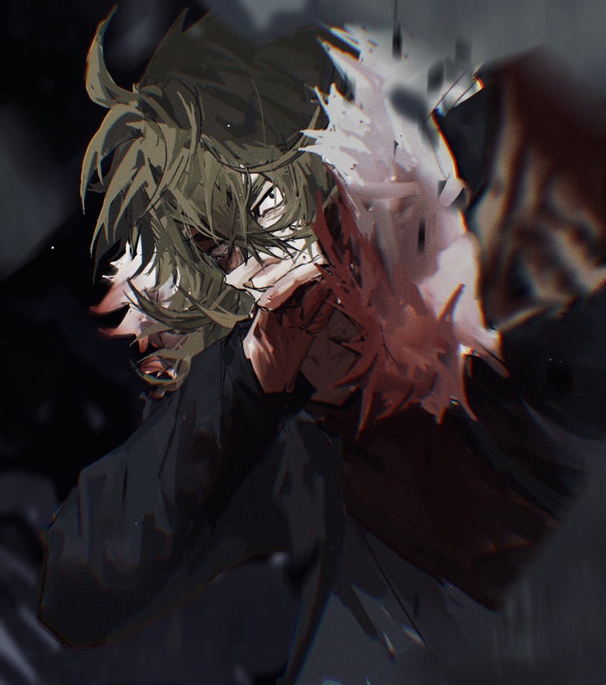 1boy, black_jacket, blood, blood_on_clothes, blood_on_face, blood_on_hands, brown_hair, chromatic_aberration