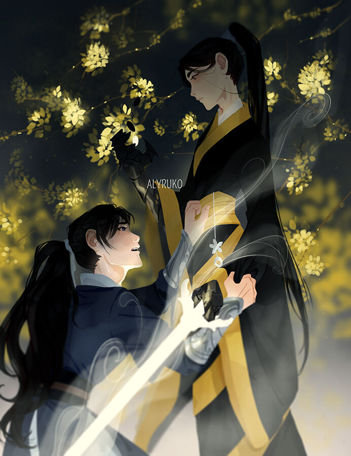 2boys, alyruko, artist_name, belt, bishounen, black_eyes, black_hair, black_hanfu