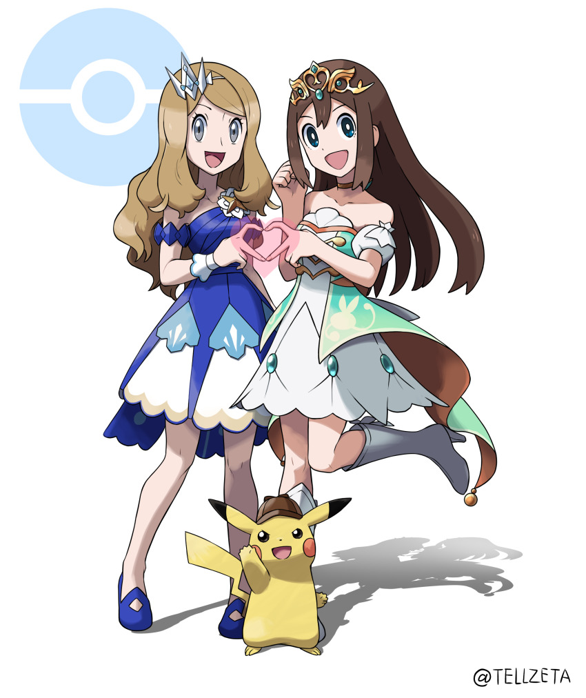 2girls, :d, absurdres, blue_dress, blue_footwear, boots, bright_pupils, brown_hair