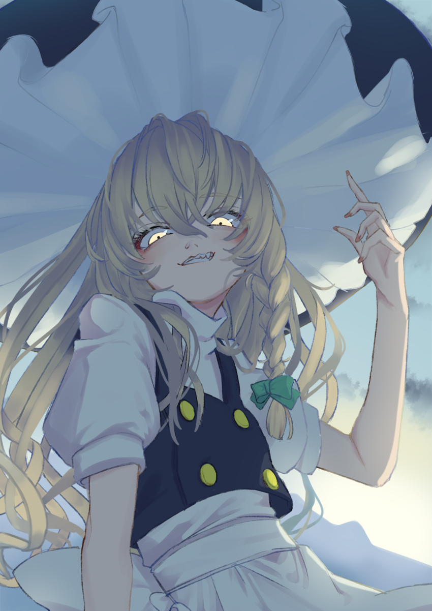 1girl, blonde_hair, blush, from_below, glowing, glowing_eyes, grin, hair_between_eyes