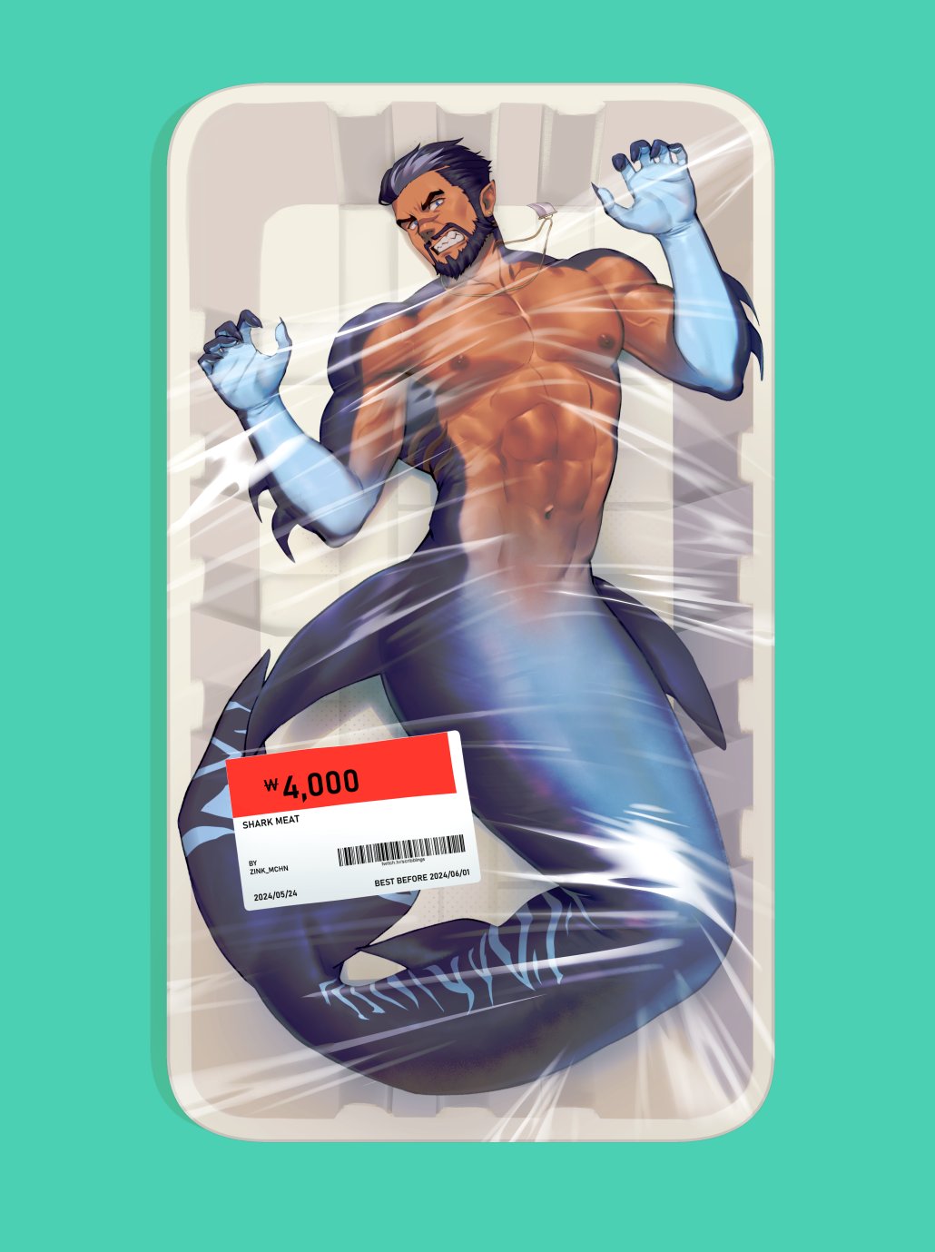 1boy, abs, bara, beard, facial_hair, frown, full_beard, full_body