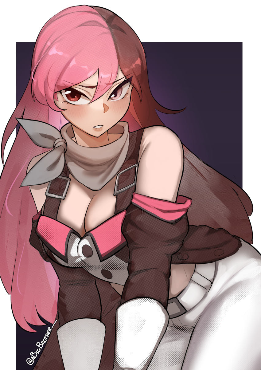 1girl, a_big_brother, absurdres, bandana, bandana_around_neck, belt, blush, border, breasts, brown_belt, brown_coat, brown_hair, brown_sleeves, cleavage, coat, commentary, commentary_request, cover, cover_page, cowboy_shot, cropped_coat, detached_sleeves, elbow_gloves, english_commentary, gloves, gradient_background, grey_bandana, hair_between_eyes, heterochromia, highres, large_breasts, leaning_forward, long_hair, looking_at_viewer, multicolored_coat, multicolored_hair, neopolitan_(rwby), outside_border, paid_reward_available, parted_lips, partial_commentary, pink_coat, pink_eyes, pink_hair, pink_sleeves, purple_background, red_eyes, rwby, second-party_source, solo, standing, two-tone_hair, two-tone_sleeves, white_belt, white_border, white_coat, white_gloves