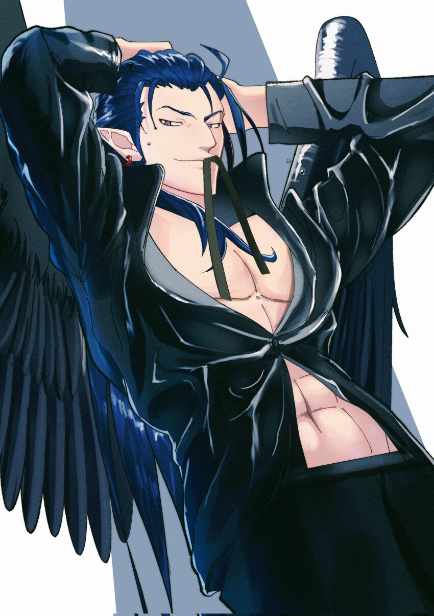 1boy, abs, arms_on_head, bird_boy, black_pants, black_shirt, black_wings, blue_hair