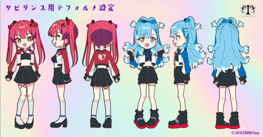 2girls, :3, black_gloves, black_shirt, black_shorts, black_skirt, blue_eyes, blue_hair