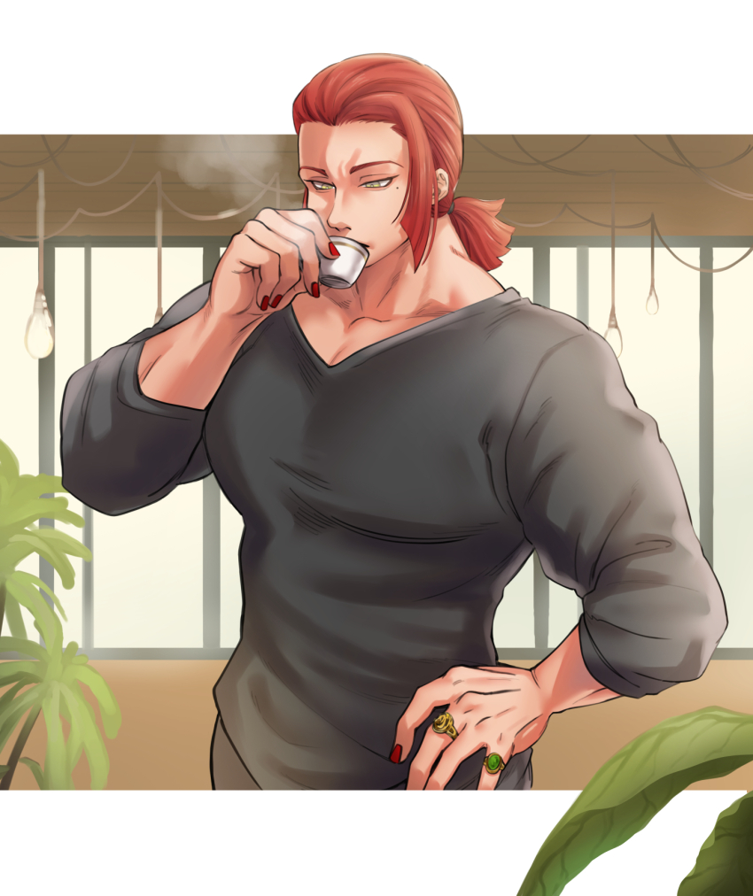 1girl, alternate_hairstyle, breasts, casual, coffee, collarbone, commentary_request, drinking