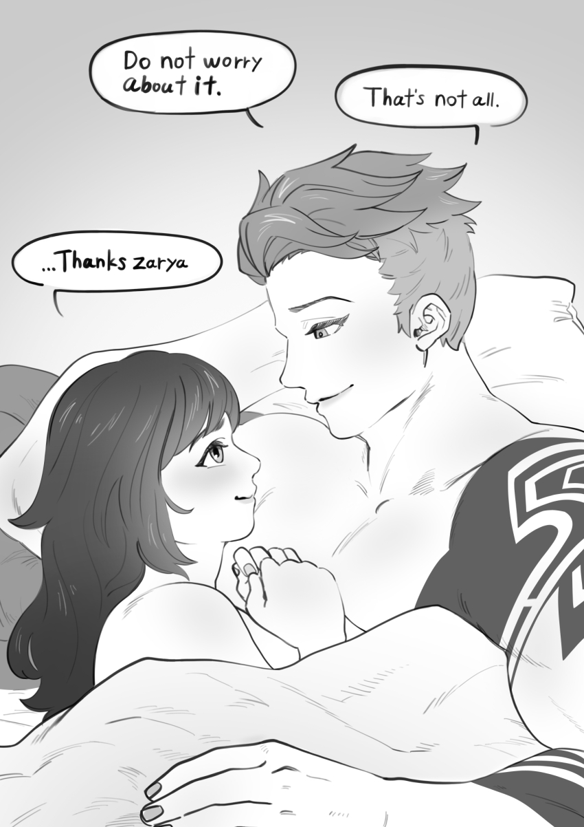 2girls, arm_behind_back, arm_tattoo, commentary_request, english_text, greyscale, hair_down, highres