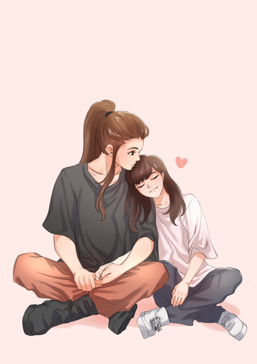 2girls, black_shirt, boots, brigitte_(overwatch), casual, closed_eyes, d.va_(overwatch), head_on_another's_shoulder, heart, height_difference, highres, holding_hands, indian_style, multiple_girls, orange_pants, overwatch, pants, pink_shirt, shirokuro_ookami, shirt, shoes, sidelocks, sitting, sneakers, t-shirt, yuri