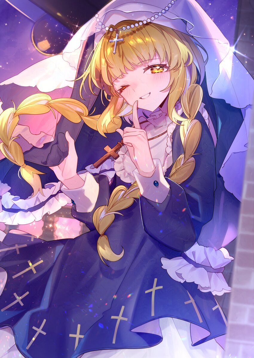 1girl, absurdres, aya_(aya_op10s), bell, blonde_hair, blue_dress, braid, brick_wall