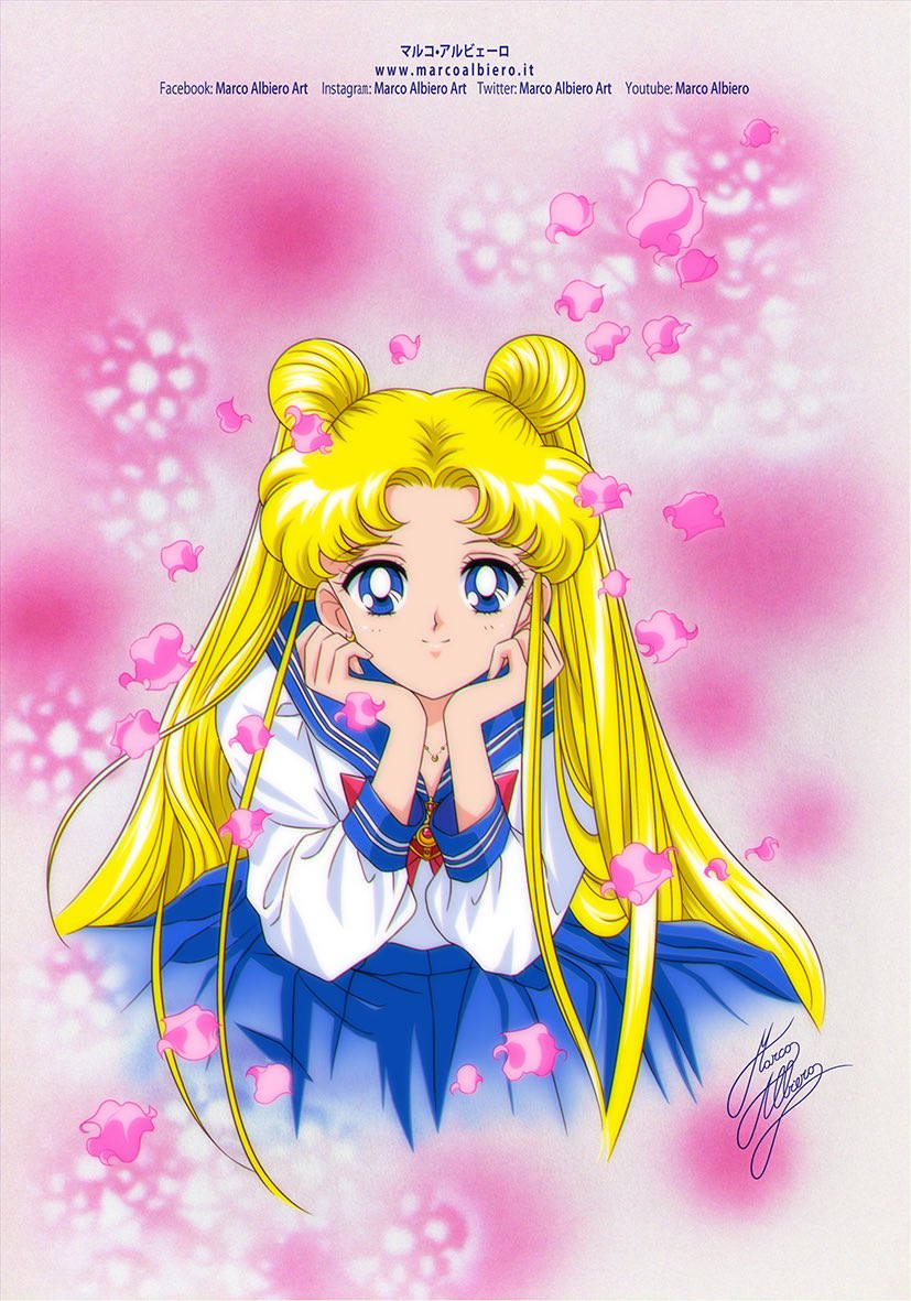 1girl, artist_name, bishoujo_senshi_sailor_moon, bishoujo_senshi_sailor_moon_s, blonde_hair, blue_eyes, blue_skirt, bow