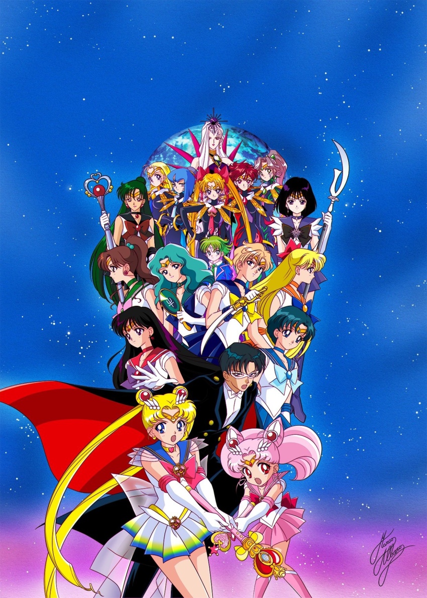 2boys, 6+girls, :o, aino_minako, anshar_(sailor_moon), aqua_hair, back_bow, bishoujo_senshi_sailor_moon, bishoujo_senshi_sailor_moon_another_story, bishoujo_senshi_sailor_moon_s, black_bodysuit, black_choker, black_hair, black_sailor_collar, blonde_hair, blue_bow, blue_choker, blue_eyes, blue_hair, blue_jacket, blue_sailor_collar, blue_skirt, bob_cut, bodysuit, boots, bow, brooch, brown_bow, brown_hair, cape, chiba_mamoru, chibi_usa, choker, circlet, cone_hair_bun, cosmic_heart_compact, crossed_arms, curly_sidelocks, deep_aqua_mirror, dot_nose, earrings, earth_(planet), elbow_gloves, flipped_hair, flower_earrings, garnet_rod, gloves, green_choker, green_hair, green_necktie, green_sailor_collar, hair_bobbles, hair_bow, hair_bun, hair_ornament, hairpin, hand_on_own_hip, heart, heart_brooch, heart_choker, heart_wand, high_ponytail, highres, hino_rei, holding, holding_polearm, holding_staff, holding_sword, holding_wand, holding_weapon, ishtar_(sailor_moon), itou_ikuko_(style), jacket, jewelry, jitome, kaiou_michiru, kino_makoto, knee_boots, knees_together_feet_apart, legs_together, long_hair, looking_at_viewer, looking_to_the_side, magical_girl, marco_albiero, marduk_(sailor_moon), mask, meiou_setsuna, mizuno_ami, multicolored_skirt, multiple_boys, multiple_girls, nabu_(sailor_moon), necktie, nergal_(sailor_moon), official_style, open_mouth, orange_choker, orange_sailor_collar, parted_bangs, pink_boots, pink_bow, pink_hair, pink_moon_stick, pink_sailor_collar, pink_skirt, planet, pleated_skirt, polearm, ponytail, profile, purple_bow, purple_choker, purple_eyes, purple_footwear, purple_sailor_collar, purple_skirt, red_bow, red_choker, red_eyes, red_hair, red_sailor_collar, reverse_grip, sailor_chibi_moon, sailor_collar, sailor_jupiter, sailor_mars, sailor_mercury, sailor_moon, sailor_neptune, sailor_pluto, sailor_saturn, sailor_senshi, sailor_senshi_uniform, sailor_uranus, sailor_venus, see-through_bow, shaman_apsu, short_hair, signature, silence_glaive, sin_(sailor_moon), single_hair_bun, skirt, sky, space_sword, spiral_heart_moon_rod, staff, star_(sky), star_(symbol), star_choker, star_earrings, starry_sky, super_sailor_moon, sword, ten'ou_haruka, tomoe_hotaru, tsukino_usagi, tuxedo, tuxedo_kamen, twintails, very_short_hair, waist_brooch, wand, wavy_hair, weapon, white_gloves, white_hair, yellow_bow, yellow_choker