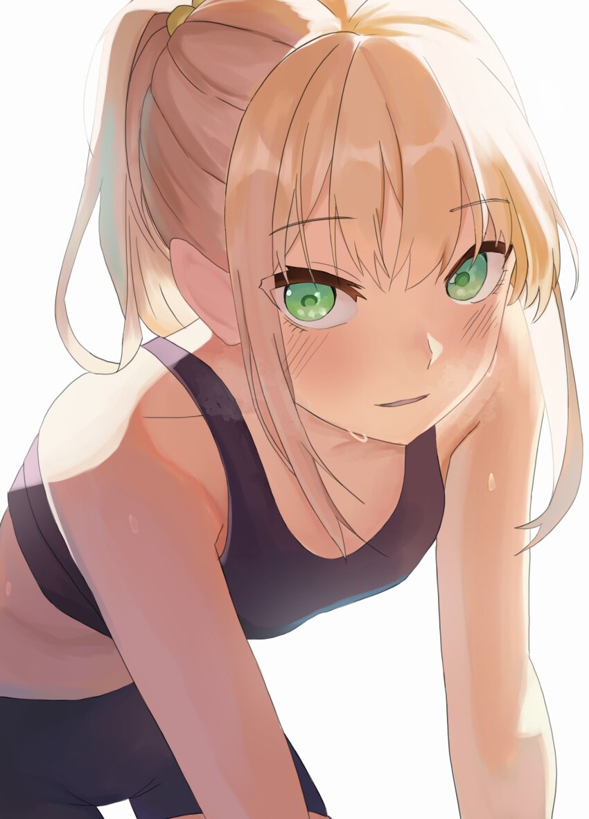 1girl, absurdres, bare_arms, bare_shoulders, bent_over, bike_shorts, black_bra, black_shorts, blush, bra, breasts, collarbone, commentary, english_commentary, green_eyes, highres, ibarazaki_emi, katawa_shoujo, leaning_forward, long_hair, looking_at_viewer, midriff, nerunemuteto, ponytail, shorts, sidelocks, simple_background, small_breasts, solo, sports_bra, sweat, underwear, upper_body, white_background