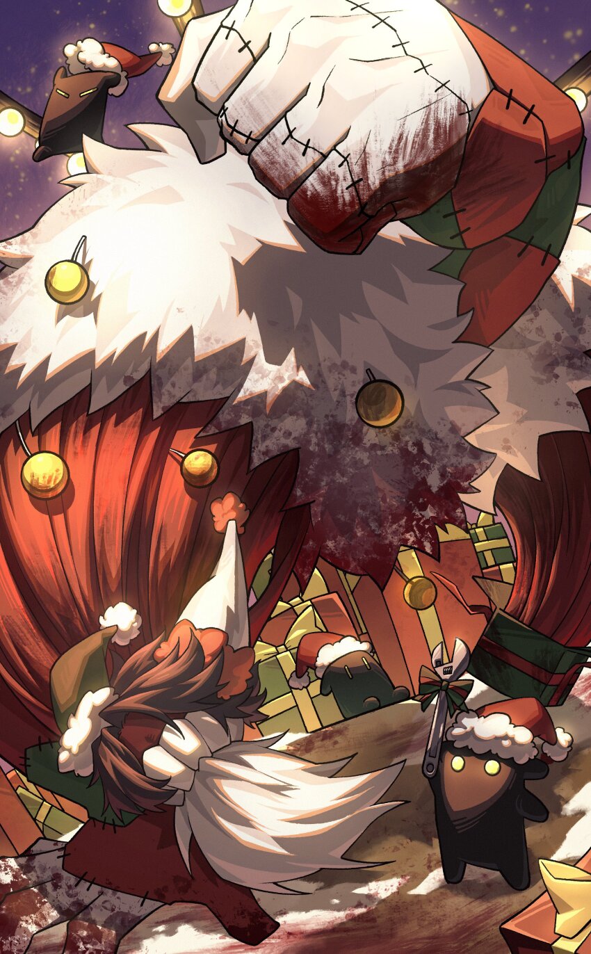 14_shizu, 1boy, absurdres, beard, blood, blood_on_hands, brown_hair, christmas_ornaments