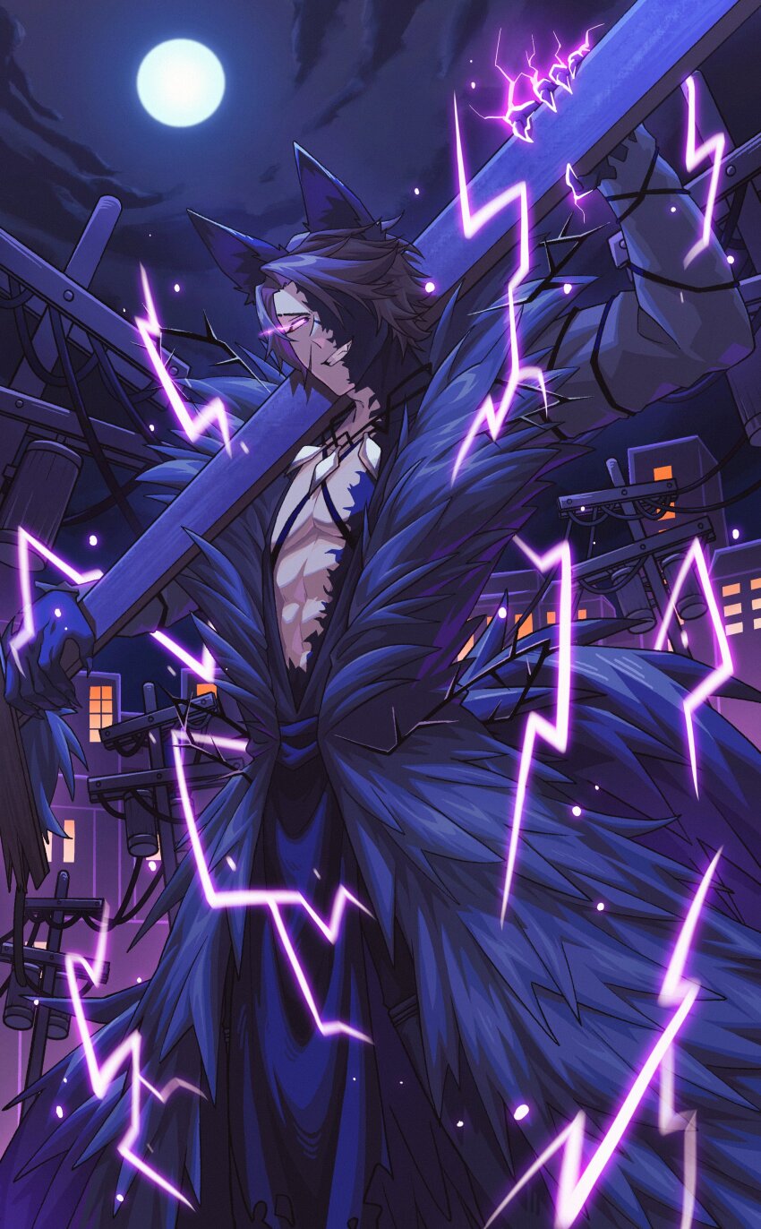 14_shizu, 1boy, absurdres, animal_ears, barbed_wire, baseball_bat, brown_hair, cable