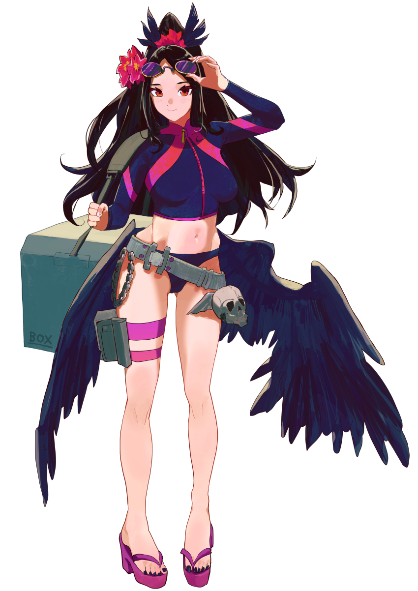 1girl, absurdres, angel_wings, belt, bikini, black_hair, black_wings, blue_bikini, breasts, brown_dust_(series), brown_dust_2, closed_mouth, cooler, cropped_jacket, flip-flops, flower, full_body, gluteal_fold, hair_flower, hair_ornament, highres, holding_strap, large_breasts, long_hair, looking_at_viewer, low_wings, lucrezia_(brown_dust), nail_polish, navel, pink_sandals, platform_footwear, platform_heels, ponytail, purple-tinted_eyewear, red_eyes, sandals, simple_background, skull_ornament, smile, solo, stomach, sunglasses, swimsuit, thigh_strap, tinted_eyewear, toenail_polish, toenails, user_ucrz3837, white_background, wings