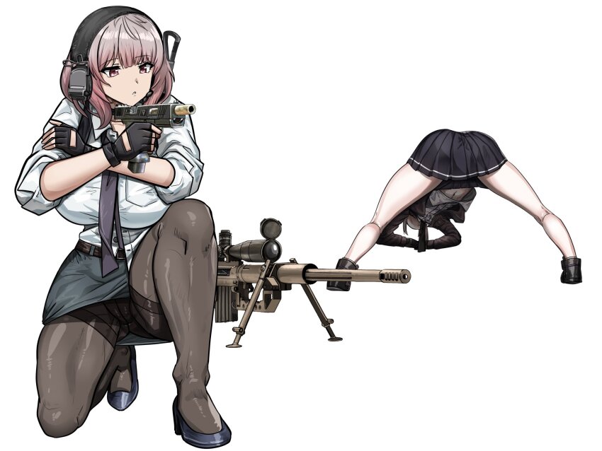 2girls, black_footwear, black_gloves, black_necktie, black_pantyhose, black_skirt, bolt_action, breasts