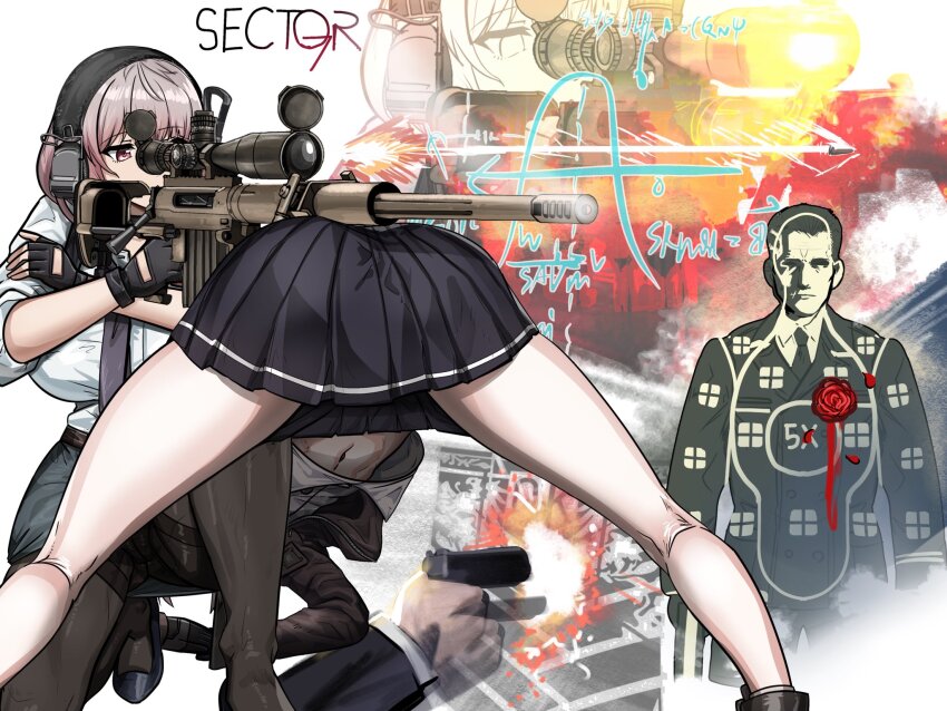 2girls, aiming, artist_name, black_footwear, black_gloves, black_pantyhose, black_skirt, bolt_action, breasts, cheytac_m200, ear_protection, fingerless_gloves, gentiane_(girls'_frontline), girls'_frontline, gloves, gradient_hair, grey_hair, griffin_&amp;_kryuger_logo, gun, handgun, highres, holding, holding_gun, holding_weapon, human_bipod, m200_(girls'_frontline), multicolored_hair, multiple_girls, navel, on_one_knee, pantyhose, pencil_skirt, pink_eyes, pink_hair, pleated_skirt, rifle, shirt, shoes, silhouette_target, skirt, slavsegger, sniper_rifle, spread_legs, weapon, white_shirt
