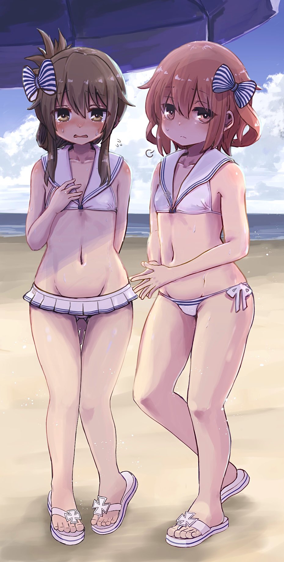 2girls, bare_arms, bare_legs, bare_shoulders, beach, bikini, blush, brown_eyes
