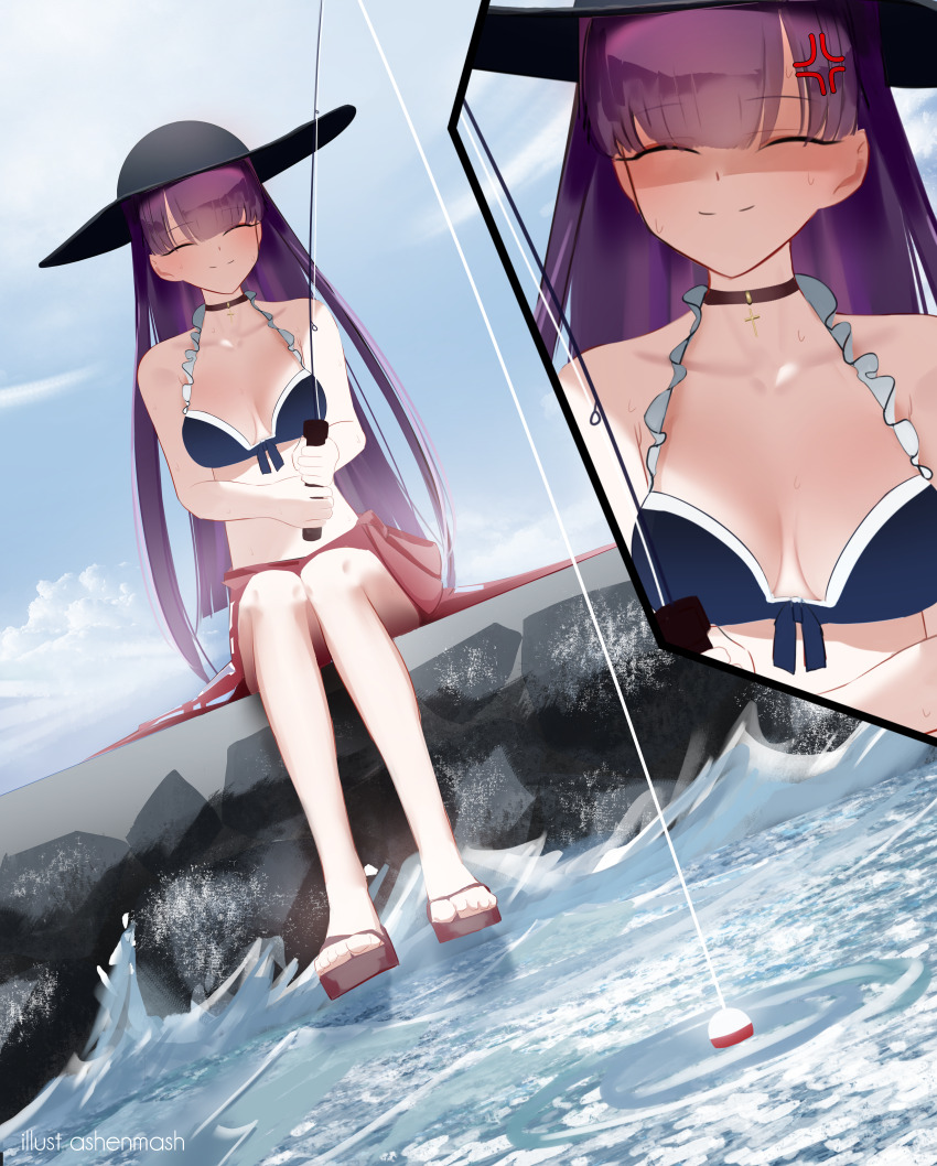 1girl, absurdres, anger_vein, ashenmash, bikini, blue_bikini, blue_sky, breasts, brown_choker, choker, cleavage, closed_mouth, cloud, cloudy_sky, day, false_smile, fate/grand_order, fate_(series), fishing, fishing_bobber, fishing_rod, flip-flops, hat, highres, holding, holding_fishing_rod, long_hair, martha_(fate), martha_(swimsuit_ruler)_(fate), medium_breasts, ocean, outdoors, purple_hair, red_skirt, sandals, shaded_face, sitting, skirt, sky, smile, sun_hat, swimsuit