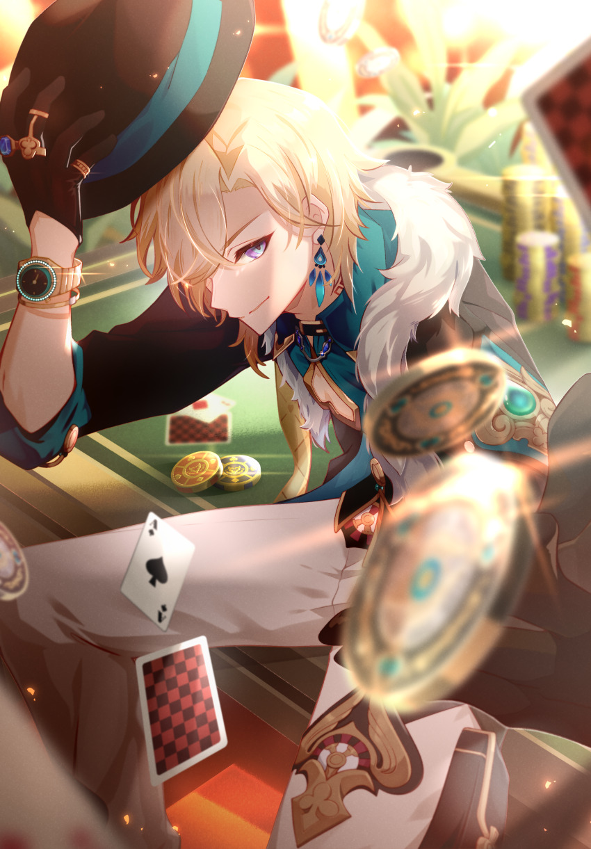 1boy, absurdres, ace_(playing_card), aqua_shirt, aventurine_(honkai:_star_rail), barcode, barcode_tattoo, belt_collar