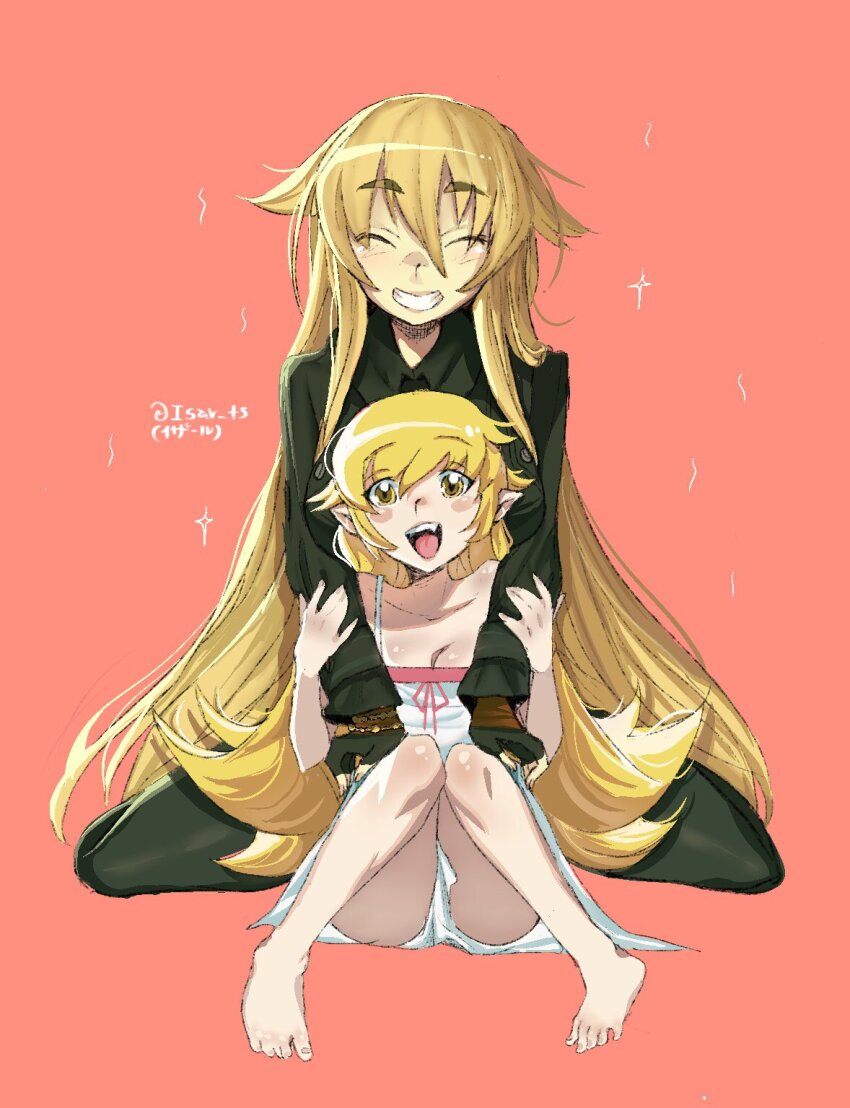 2girls, ashikaga_chachamaru, belaweb123, blonde_hair, closed_eyes, colored_eyelashes, crossover, dress